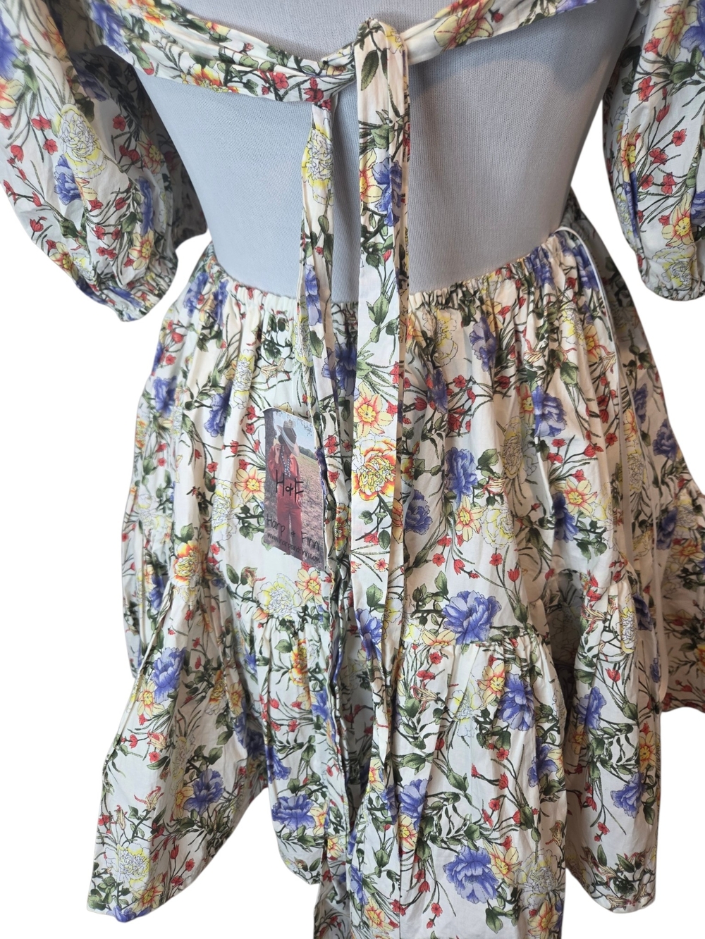 Harp & Finn Mable Floral Open Back Mini Dress W/Puff Sleeves & Ruffle Women's M - Picture 10 of 16
